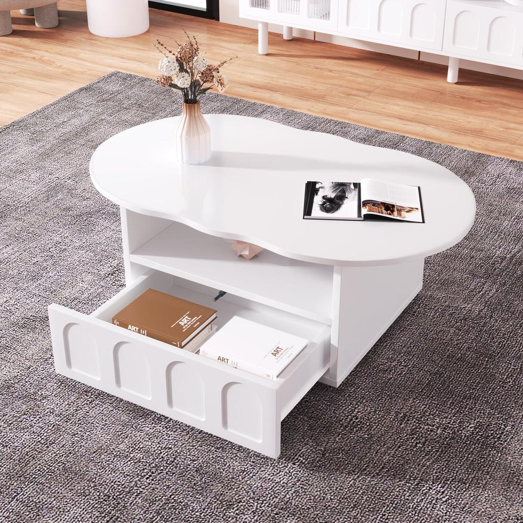 Living Room Table, Coffee Table with Drawers, Side Table with Storage Compartments, Cloud Shape