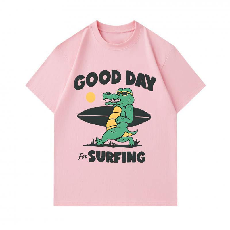 Men's 100% Cotton Crew Neck Short Sleeve T-Shirt, Funny Good Day For Surfing Cartoon Crocodile Printed Casual Lightweight Tee for Daily Summer Wear