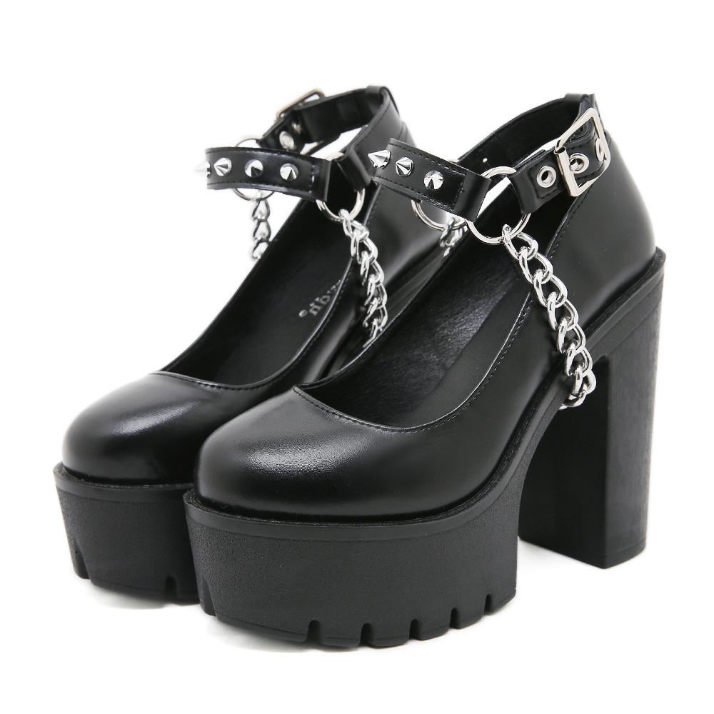 

Gdgydh Fashion Chain Gothic Chunky Platform Shoes Women Buckle Strap Thick High Heels Mary Janes Pumps Black Cosplay Shoes 35 чёрный