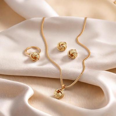 Three-Piece Metal Jewelry Set: Creative Wedding Knot Design with Ring, Earrings, and Necklace