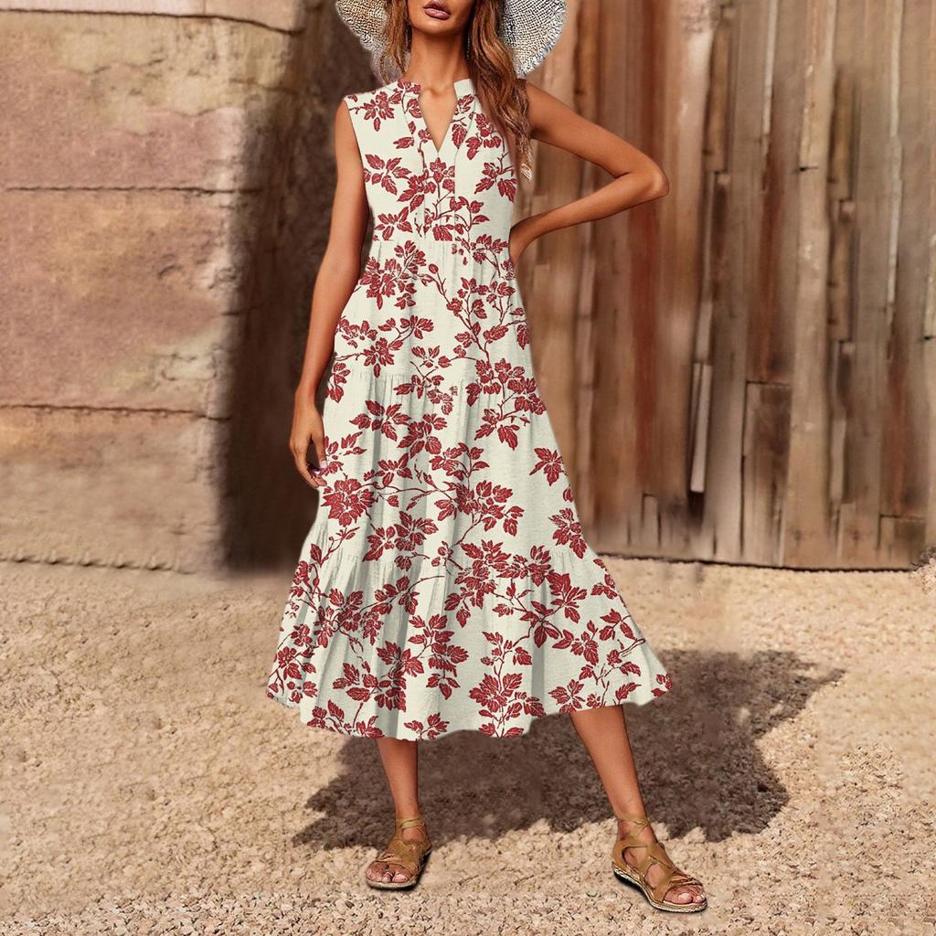 Women's Casual And Fashionable V-neck  Sleeveless Printing Mid Length Dress