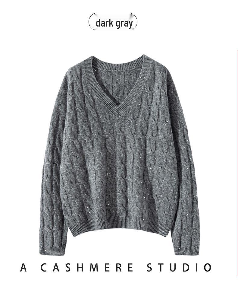 Women's V-Neck Loose Cable Knit Wool Sweater - Winter 2024 Casual Pullover Knitwear