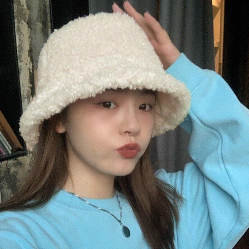 Winter Women Faux Fur Bucket Hat Outdoor Warm Lamb Black Solid Fluffy Fishing Cap