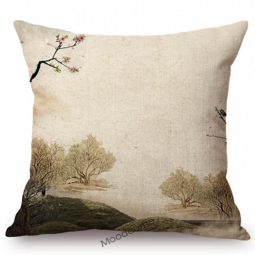 Traditional Chinese Ink Oil Painting Mountain Scenery Cotton Linen Sofa Throw Pillow Case Home Decoration Car Cushion Cover Case