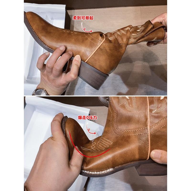 Cowhide version~ Genuine leather western cowboy boots women's embroidered knight boots Chelsea Martin boots medium tube Maillard boots