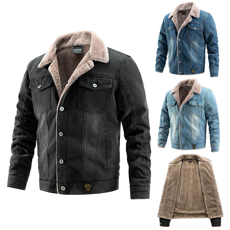 Herren-Jeansjacke, Herbst und Winter, koreanische Version, Revers, gewaschen, Modetrend, Herren-Plüsch und dicker Lamm-Plüsch-Clip