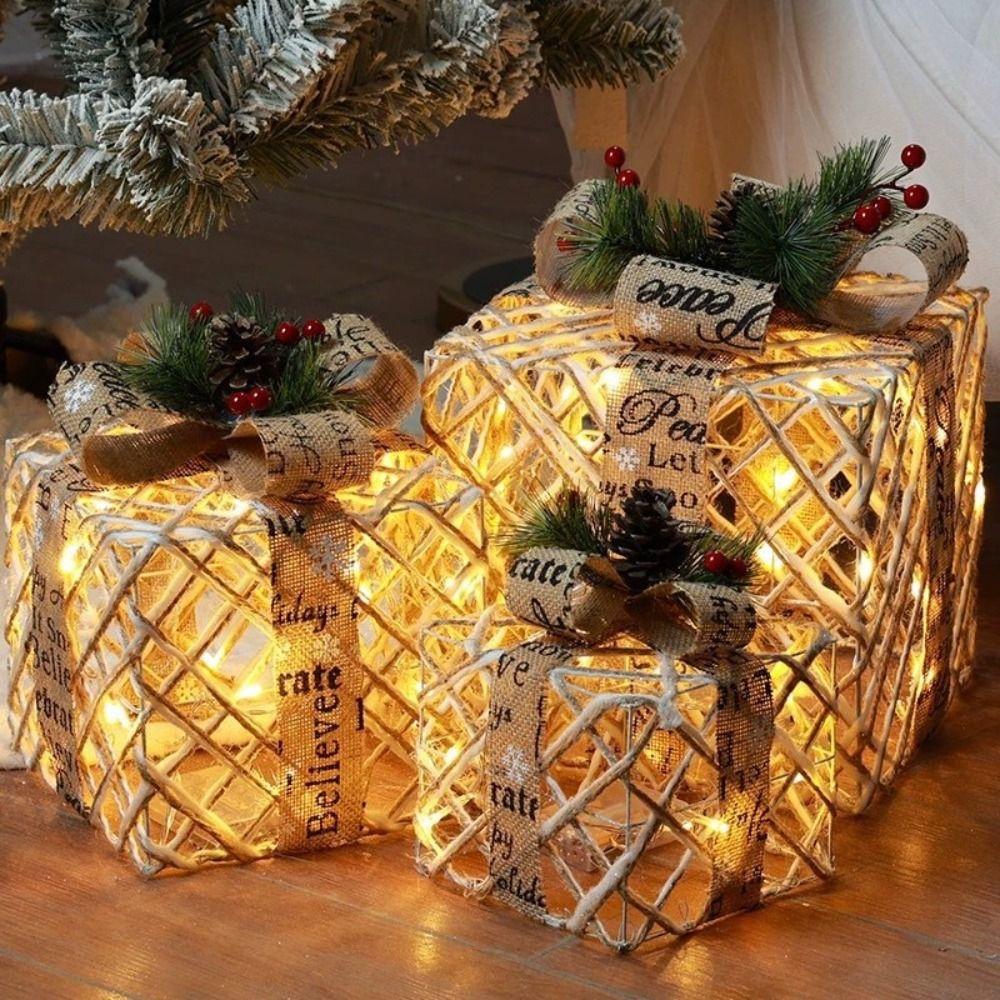 3pcs Plush Design Christmas Light Up Boxes Versatile Lighted Gift Boxes Outdoor Decor