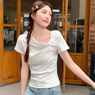 Design Strap Short-sleeved T-shirt for Women's Spring and Summer New Products, Sweet Girls Wear White Bottoming Shirt
