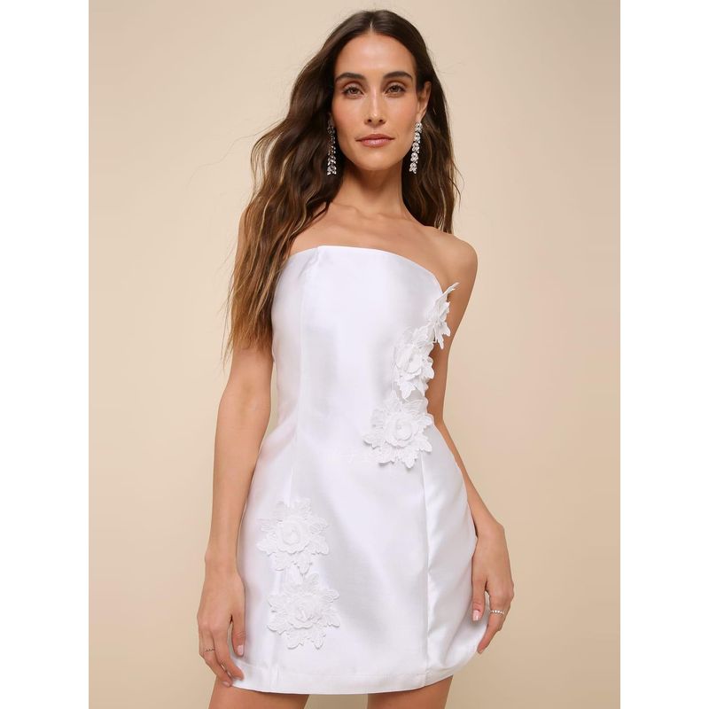 Export Single Lulus White Bra Three-Dimensional Flower Tube Top Dress Waist-Tight Party Cocktail Party Adult Ceremony Bridesmaid Dress