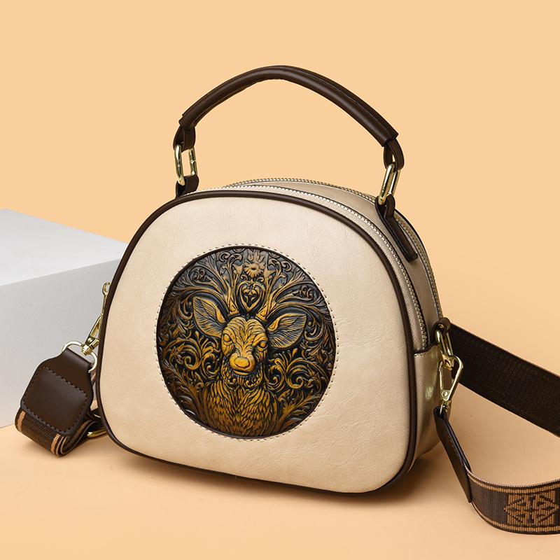 Exquisite Hand-Tooled PU Bag with Deer Design – Vintage-Inspired Crossbody and Top-Handle Bag for Women