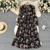 Spring new French V-neck long-sleeved waist temperament small fresh floral dress women's pleated long dress
