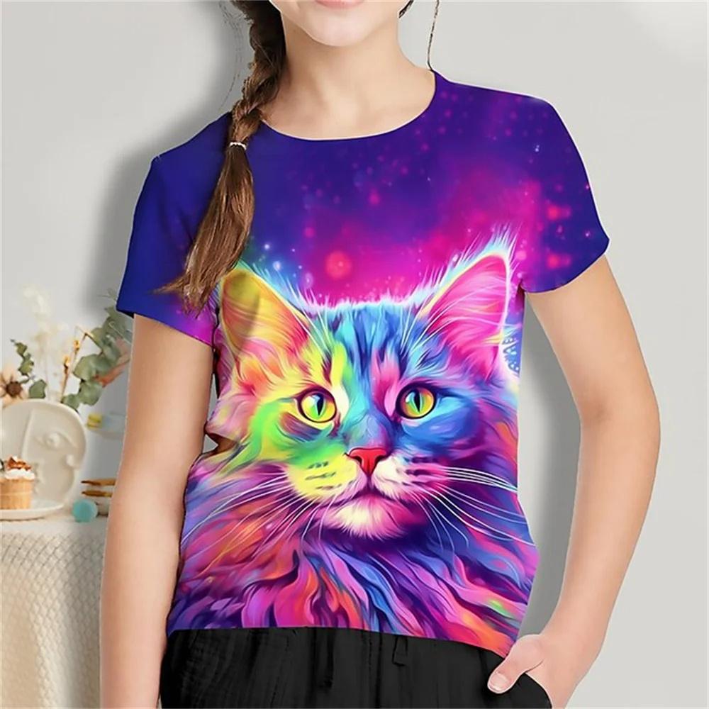 2025 Funny Animal Cat 3d Print Girls' T-Shirts Festival Party Fashion Short Sleeved Tops Casual T-Shirts Girls' Clothing