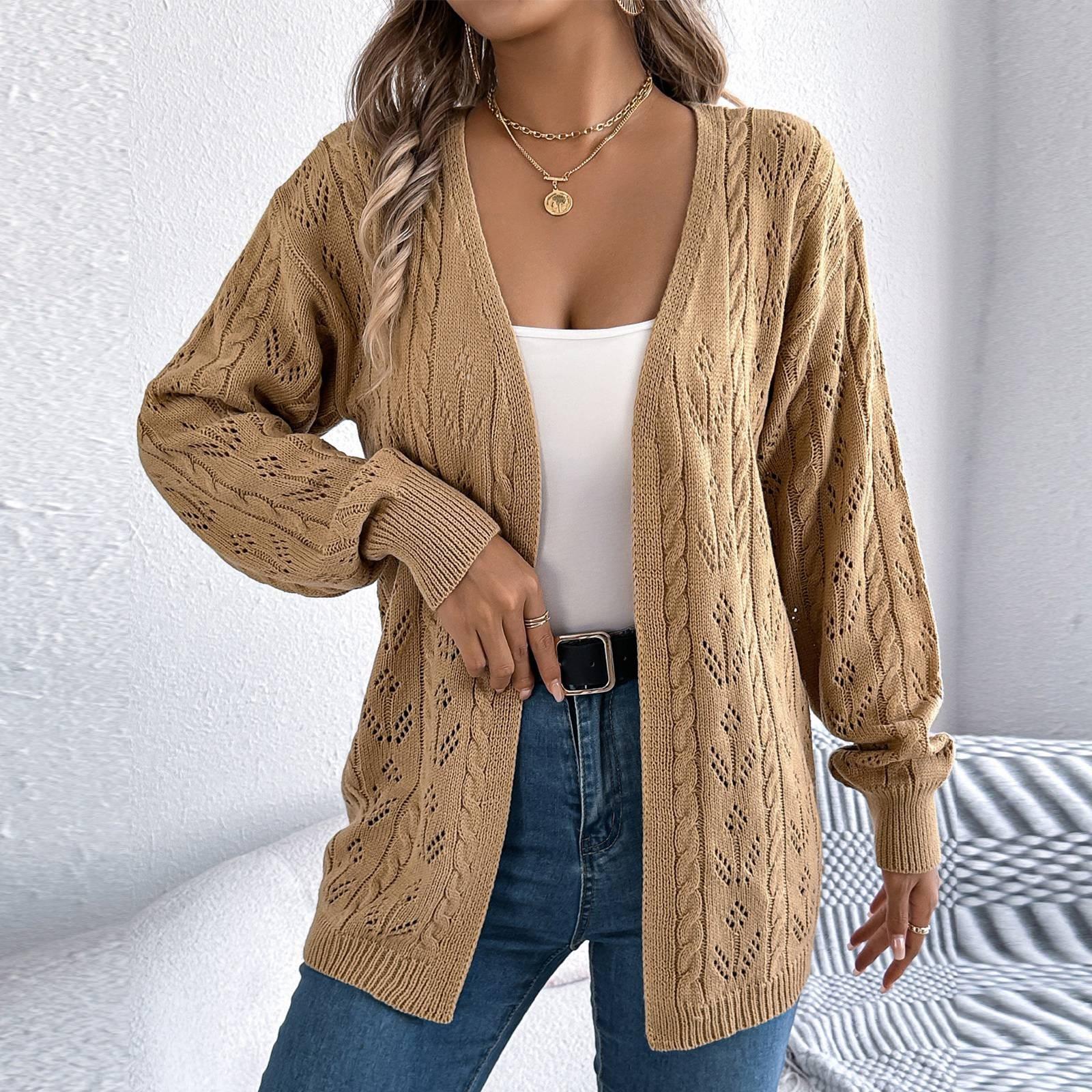 

Женская мода повседневная однотонная ажурная куртка с длинным рукавом кардиган свитер M хаки