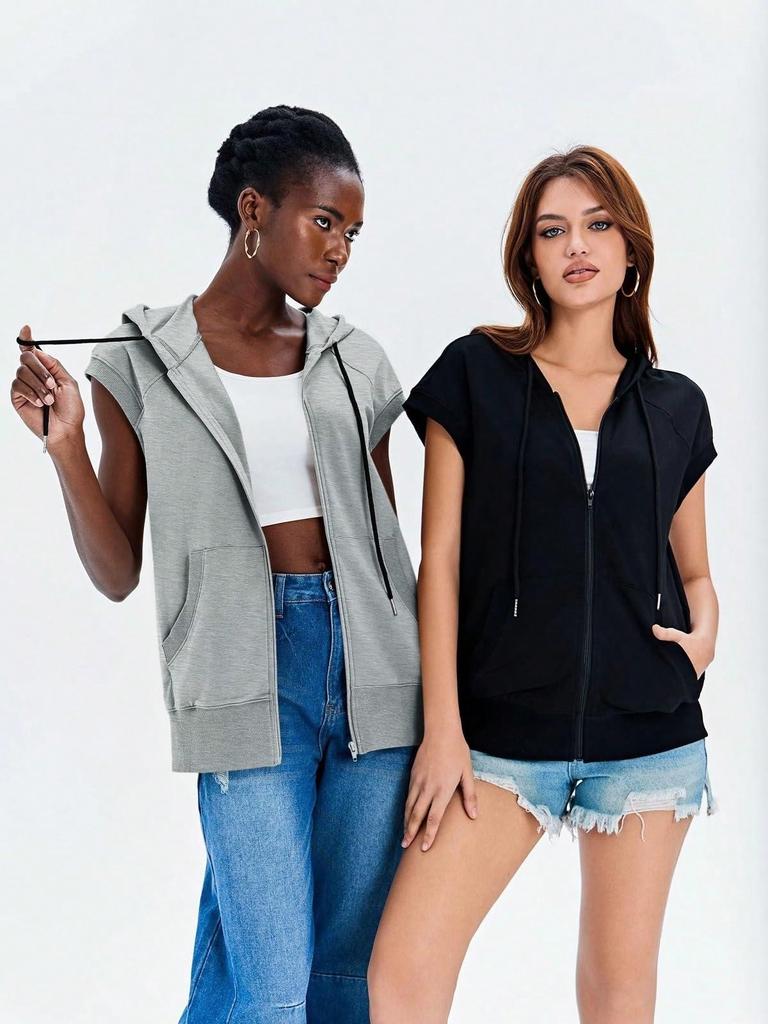 Damen ärmellose Reißverschluss Hoodie Weste locker Kordelzug leichte Jacke mit Taschen