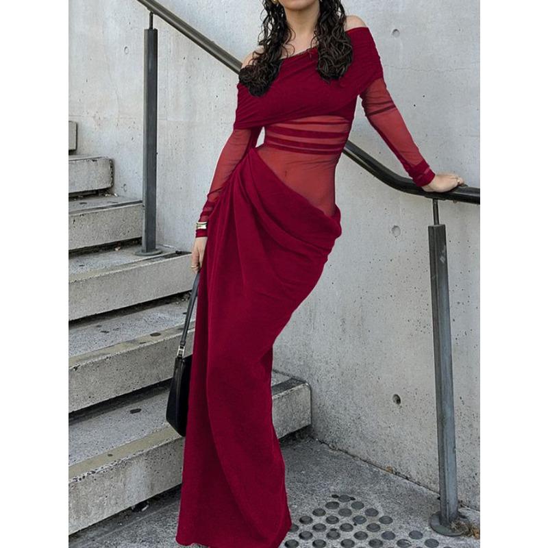 Elegant Off-shoulder Long-sleeved Mesh Long Skirt for Women Autumn and Winter One-shoulder Slim High-waisted Dress