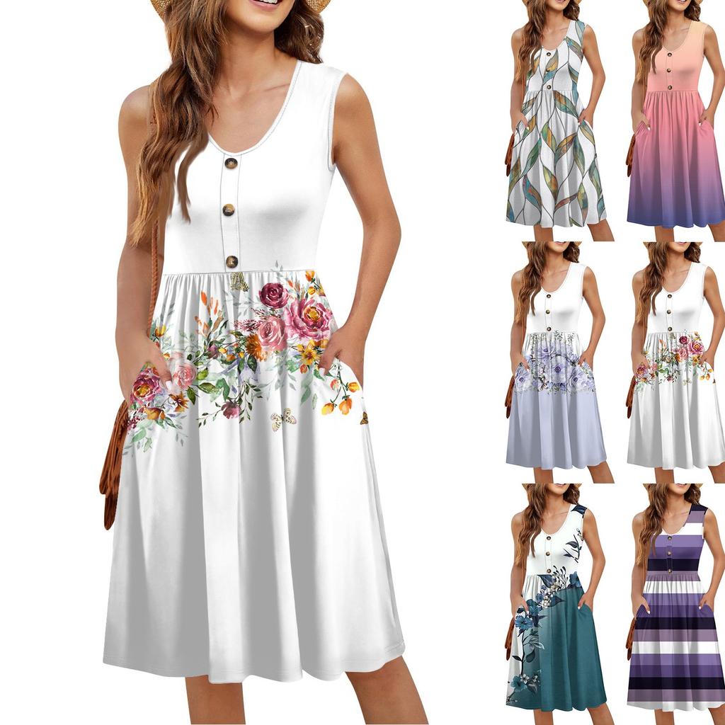 Damen Sommerkleider Ärmellos Lässig Locker Schwingend Knopfleiste Midi Sonnenkleid mit Taschen