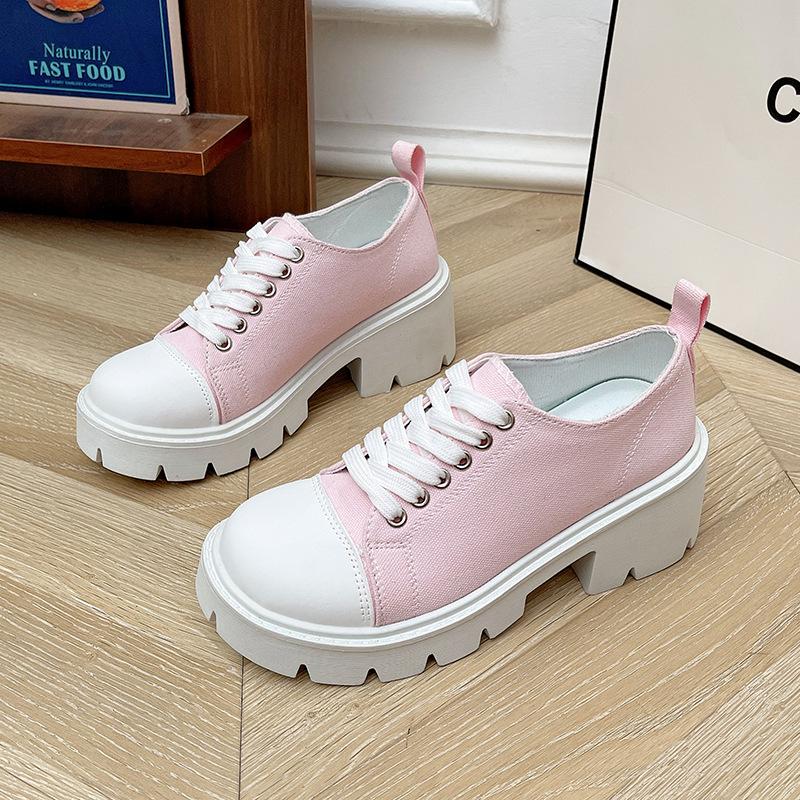 

Внешнеторговые парусиновые туфли большого размера женские 2025 новые европейские и американские на толстом каблуке толстой подошве увеличивающие рост на шнуровке белые туфли модная обувь женская 40 розовый