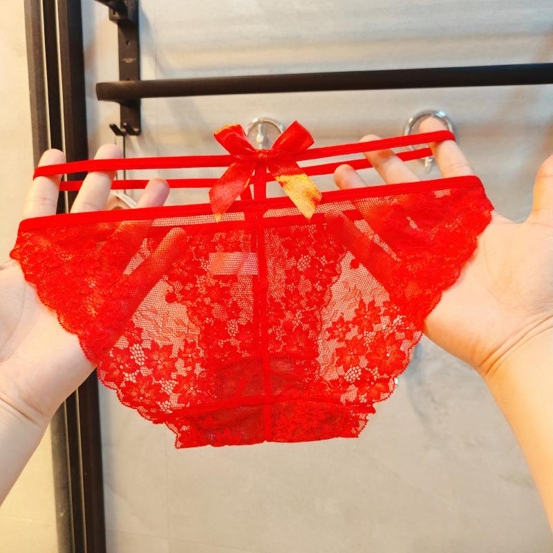 Women's Lace Transparent Sexy Underwear Bow Hollow Low Waist Cotton Crotch Triangle Pants