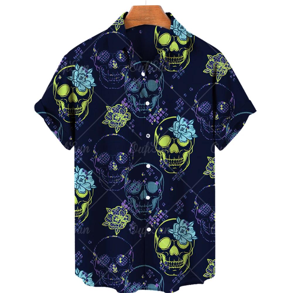 Tendenza Estiva Stampa Floreale Teschio Camicie da Uomo Top Manica Corta Hawaiano Streetwear alla Moda Abbigliamento Casual da Esterno per Uomo e Donna Camicetta