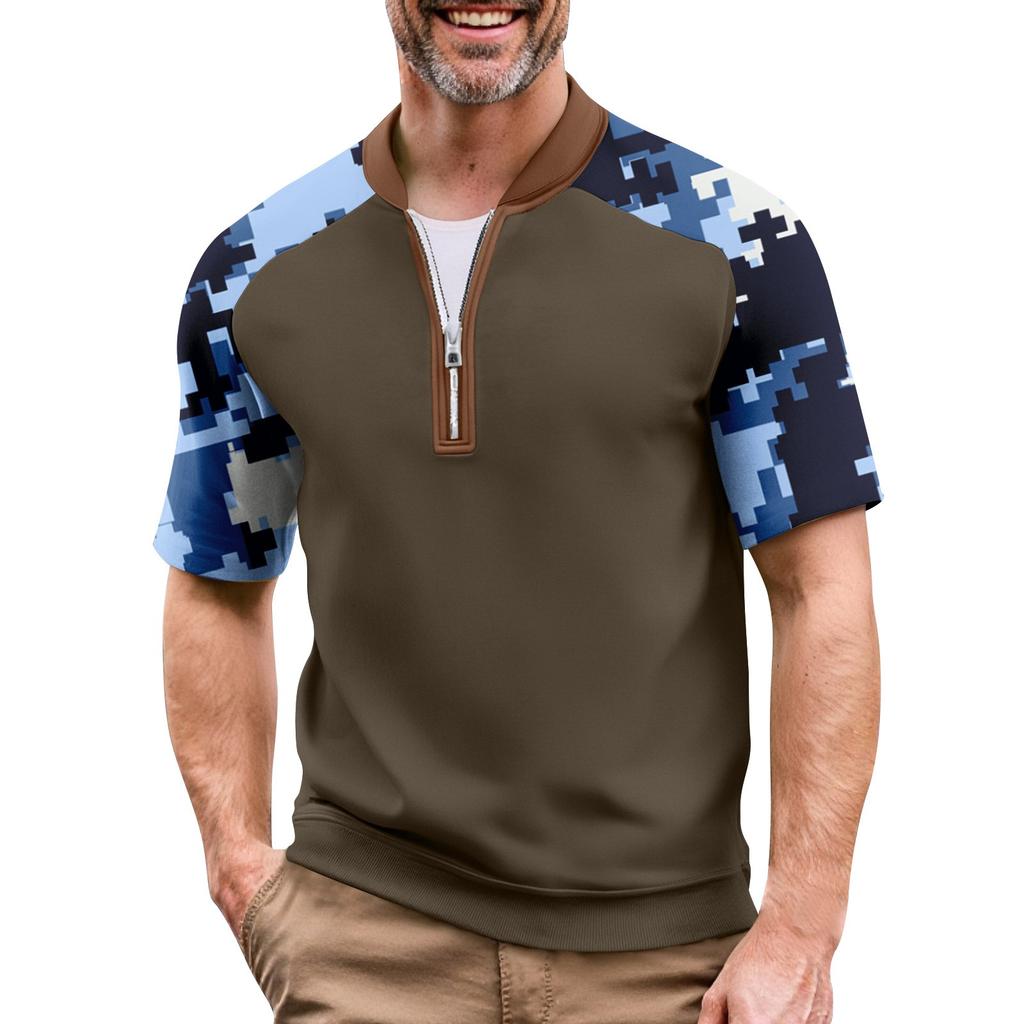 Pánské letní maskáčové ležérní tričko sportovní prodyšné s límcem na zip