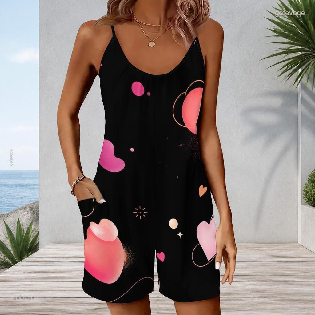 Women Plus Size Sleeveless Cami Short Romper Soft Pink Heart Planet Star Print Jumpsuit With Side Pockets