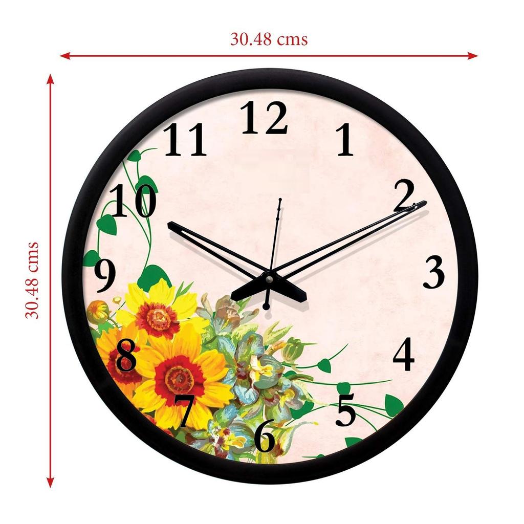 Silent Movement Flowers Wall Clock (Black Frame, 12-inch)