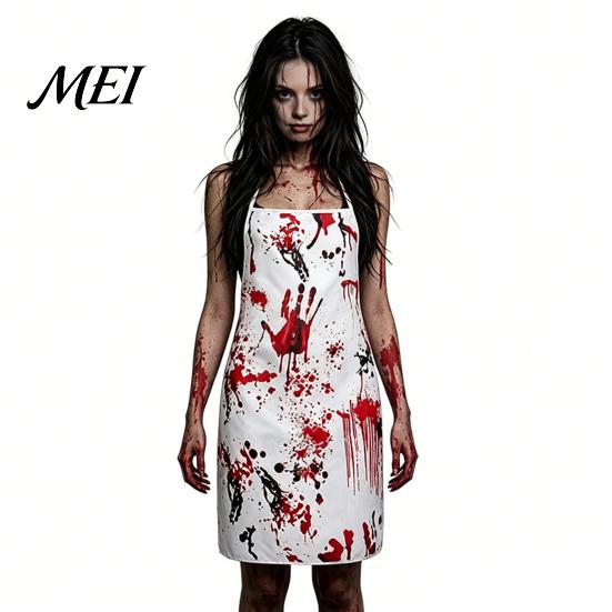 Zombie Party Dress with Blood Stains Halloween Print Costume for Women, Scary Apron, Hooded Horror Scene Photo Prop Cloak, Stockings Outfits