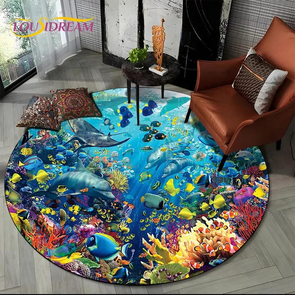 Unterwasserwelt Runder Bereichsteppich–Delfin & Schildkröte Ozean Teppich für Wohnzimmer oder Schlafzimmer–Rutschfeste Bodenmatte, Kinder Spielzimmer Deko