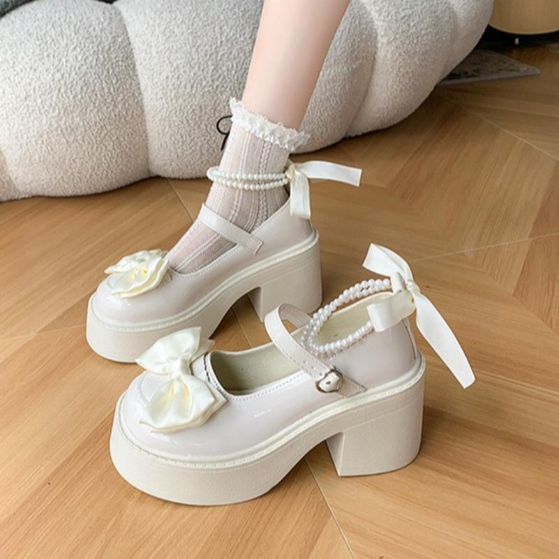Women's High Heels Shoes High Quality Round Toe Mary Jane Bow Buckle Women High Heels Thick Heeled Lolita Platform Shoes Tacones