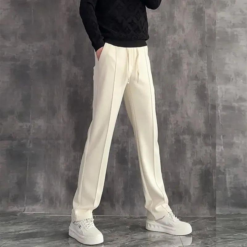 

Straight-leg Simple Casual Pants Men Loose Wide-leg High Street Solid Versatile Sweatpants Elastic High-waist Fashion Trousers L бежевий