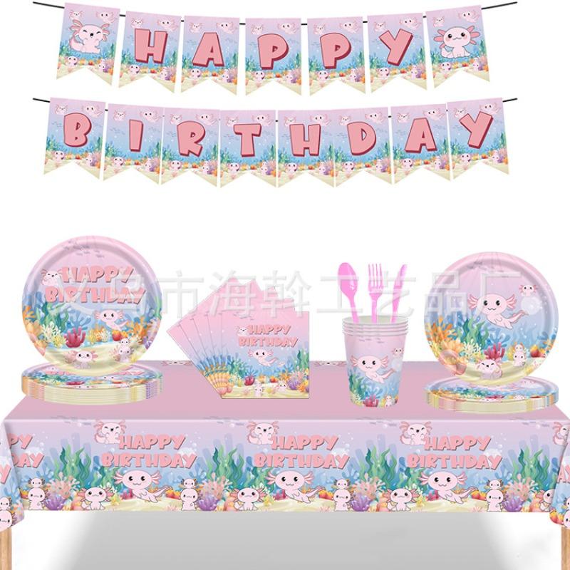 Cute pink salamander theme party decoration disposable tableware paper plate paper cup paper towel tablecloth knife fork spoon