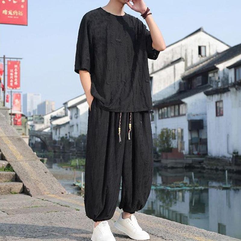 Men's Chinese Style Linen Co-ord Set Oversized Jacquard T-Shirt & Harem Pants Two Piece Outfit