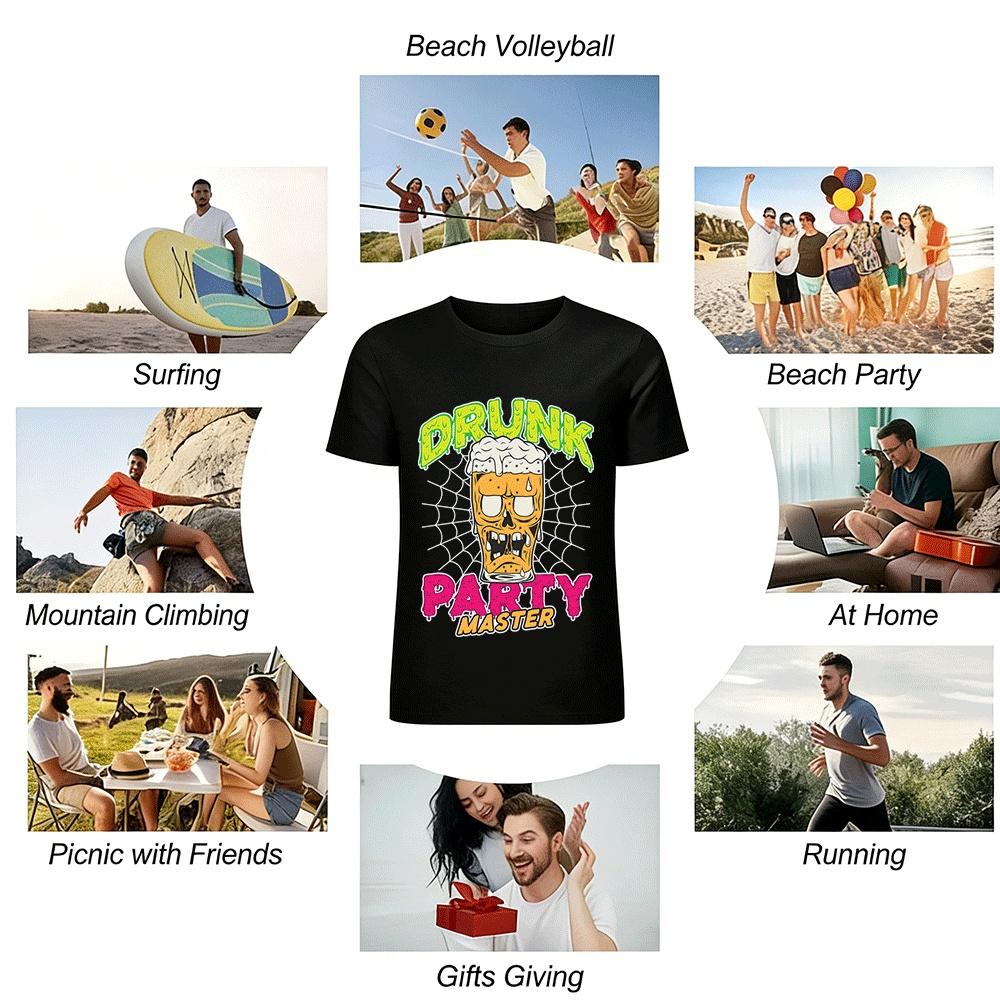 Drunk Party Master Graphic Tee Beer Skull Print Casual Party Top Pure Cotton T-shirt