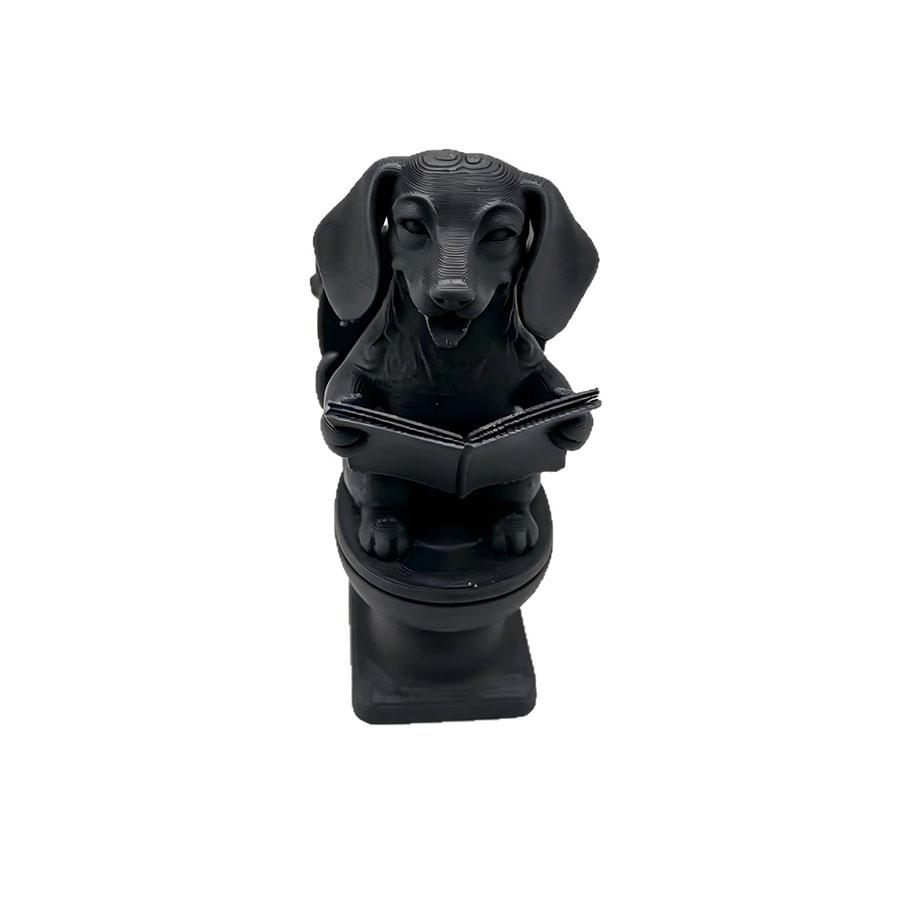 Funny Dachshund Sitting on Toilet Reading Book Figurine, Creative Dog Statue Ornament, Resin Desktop Home Bathroom Decor