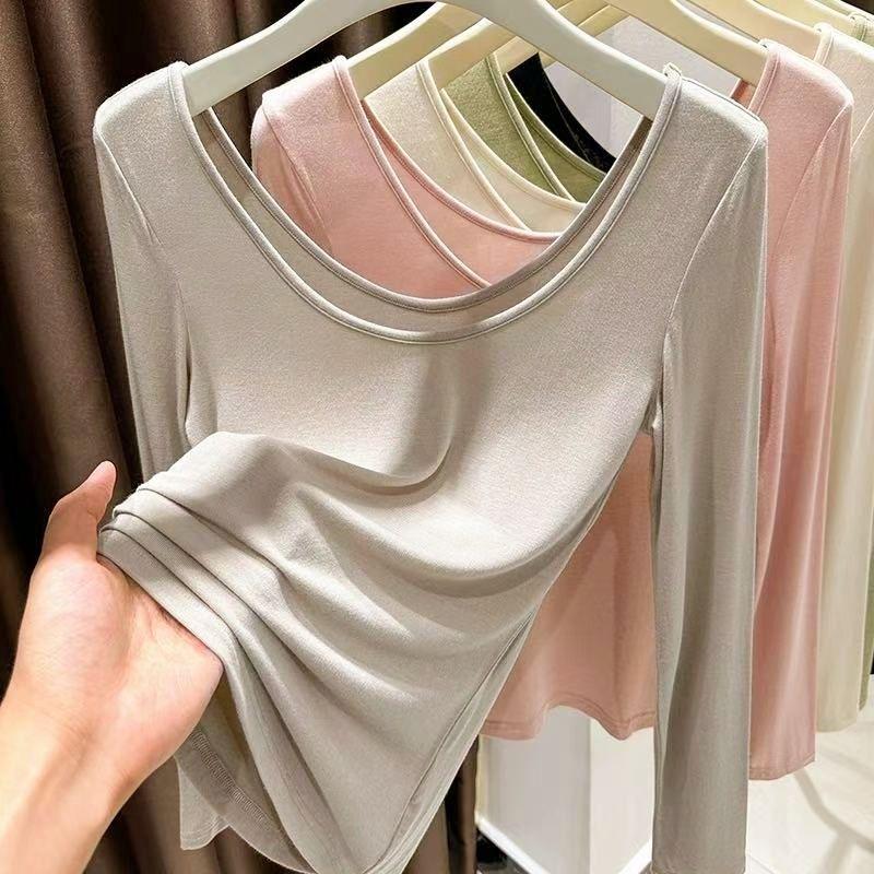 

New Trendy Women s Slim-Fit Modal Cotton Low-Cut Backless Long-Sleeve T-Shirt L (100-115 jin) хакі