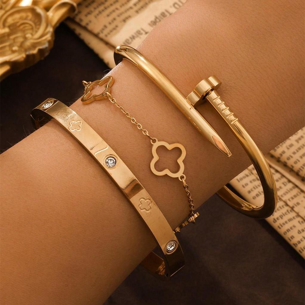 3PCS French Lucky Clover Women's Bracelet Set High Quality Stainless Steel INS Hot Selling Bracelet Charm Feeling Jewelry Gift