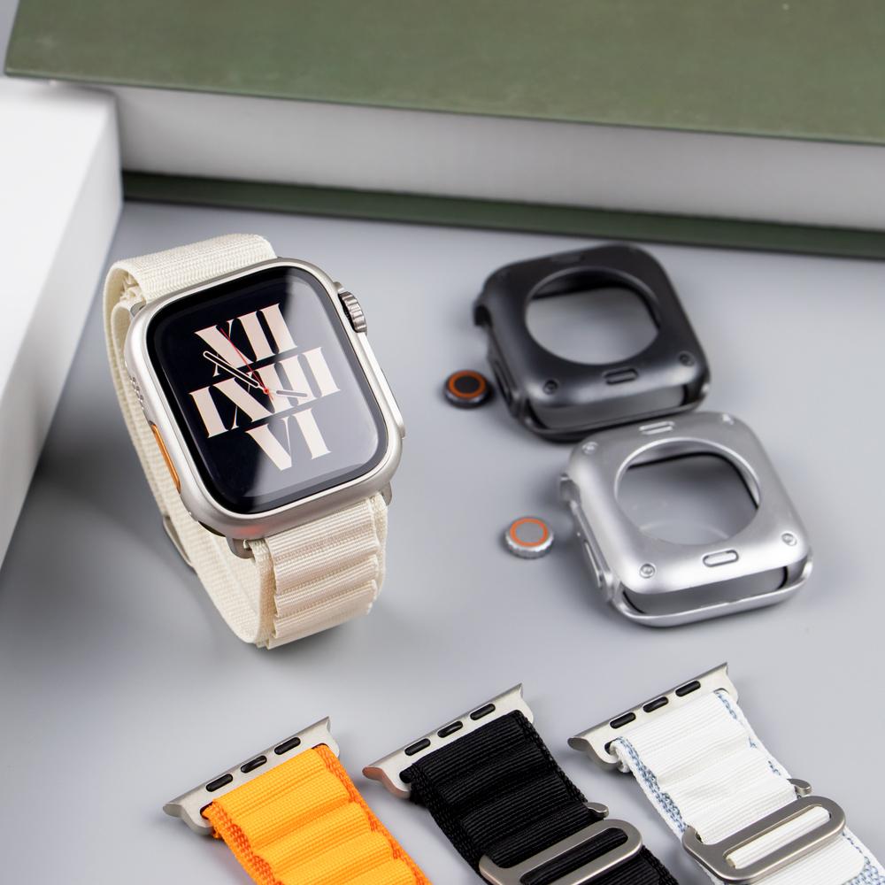 Correa de nailon con cubierta de vidrio para Apple Watch, carcasa de 44mm, 45mm, 40mm y 41mm, Protector de pantalla con correa, IWatch Series 56 Se 7 8, giro a Ultra