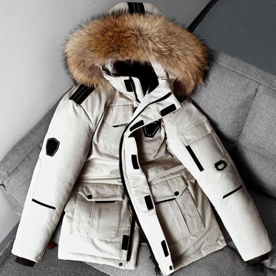 Giacca da Uomo Imbottita con Tasche Multiple Cappuccio con Bordo in Pelliccia Sintetica Manica Lunga