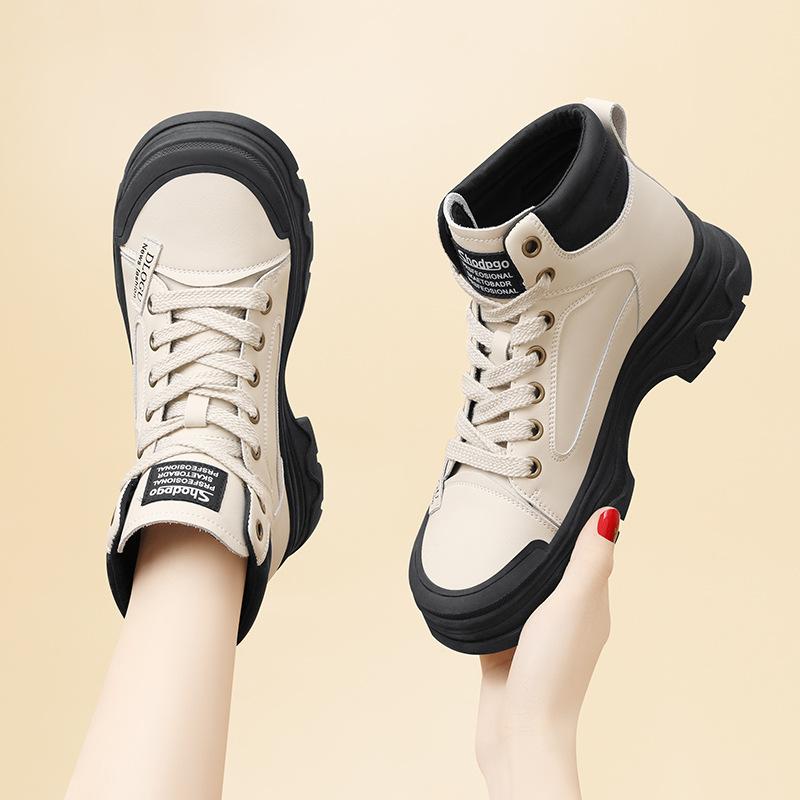 Leather Single Casual Martin Boots Short Boots Autumn and Winter Velvet Year-round Versatile Tooling Boots High-top Women's Shoes Versatile