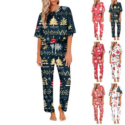 Women's Ice Silk Satin Christmas Print Pajama Set Short Sleeve Shirt And Long Pajama Pants Set Soft Home Clothes