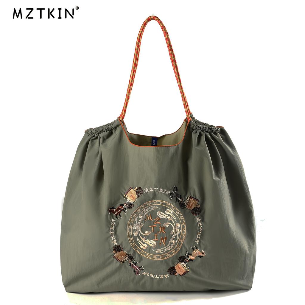 Women'S Bohemian Style Gray Tote Bag with Vintage Carriage Embroidery - Large Capacity Foldable Nylon Shoulder Bag, Reusable Perfect for Shopping