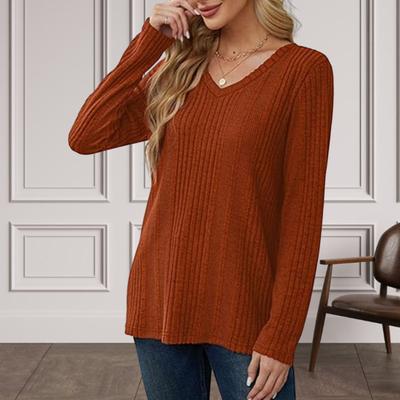 Women Tunic Sweater V-Neck Long Sleeve Solid Color Ribbed Casual Tops Slim Fit Knitted Loose Fit Fall Tops
