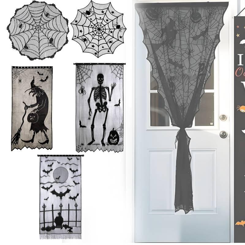 Stylish Black Lace Halloween Table Flag Featuring Creepy Bat And Spider Web Patterns