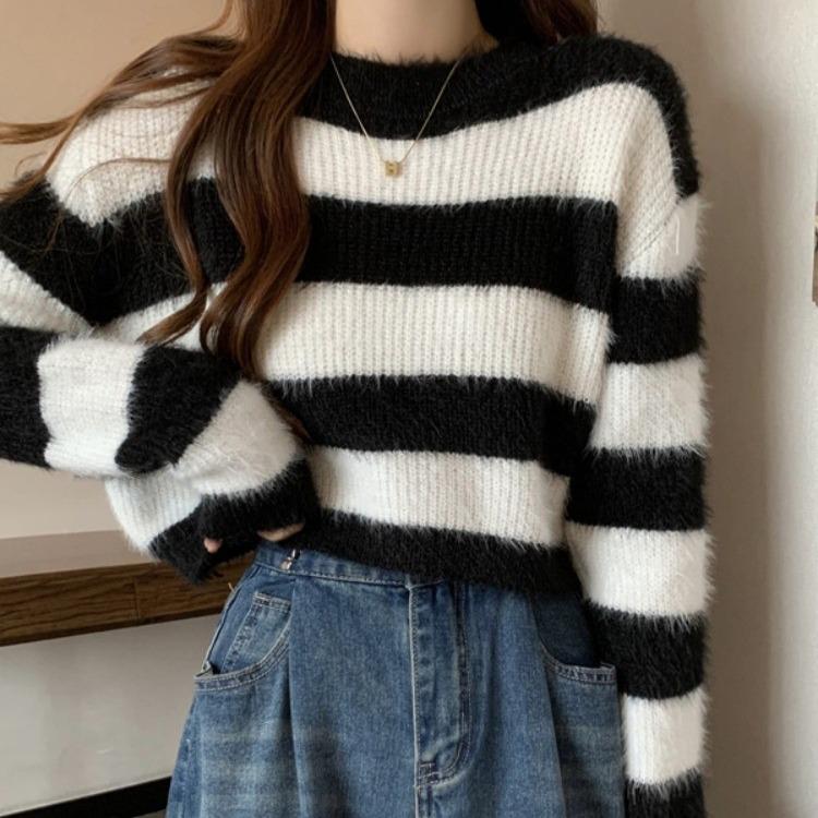 Striped Color Block Loose Knit Sweater - Women's Stylish Long Sleeve Autumn/Winter Top