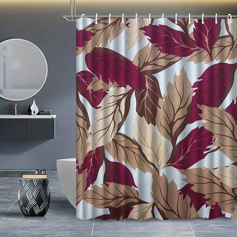 Exquisite Fashion Items Burgundy/Beige And Leaf Patterned Shower Curtain, Polyester Fabric, Machine Washable, With Hooks, Suitable For Bathroom Dcor.