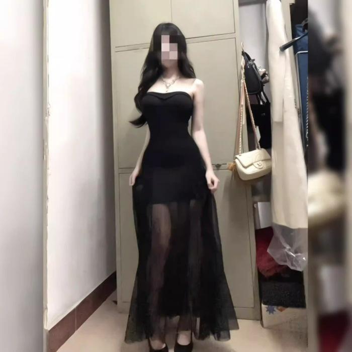 Black Mesh Splicing Tube Top Dress, Summer Women's Slim Off-the-shoulder Backless Dress Dress, A-word Long Dress, Sexy Style