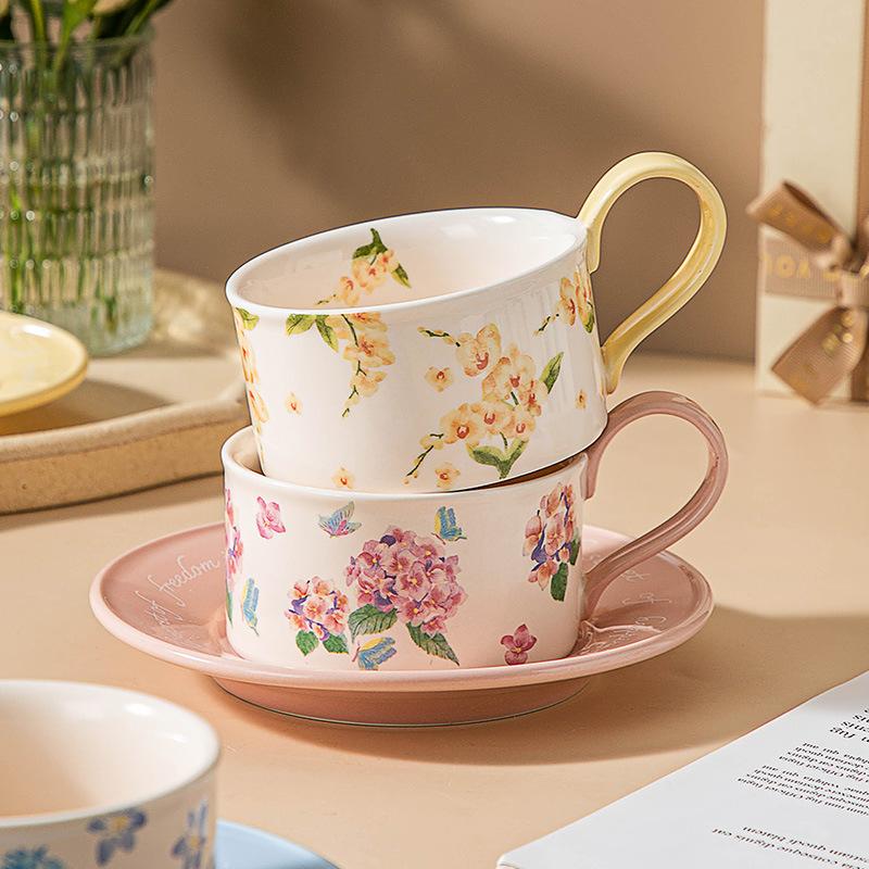 Modern Floral Ceramic Coffee Cup Set Home Office Afternoon Tea Suitable Breakfast Milk Oatmeal Cup Couple Mugs Home Decoration