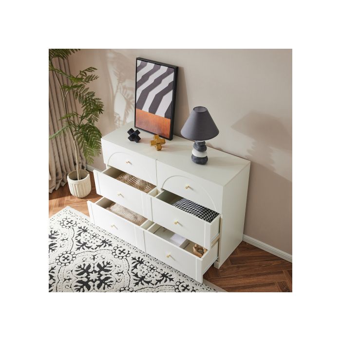 Commode - MUVOE - 6 Tiroirs - Blanc Crème - Romantique - H82/B120/T40 Cm