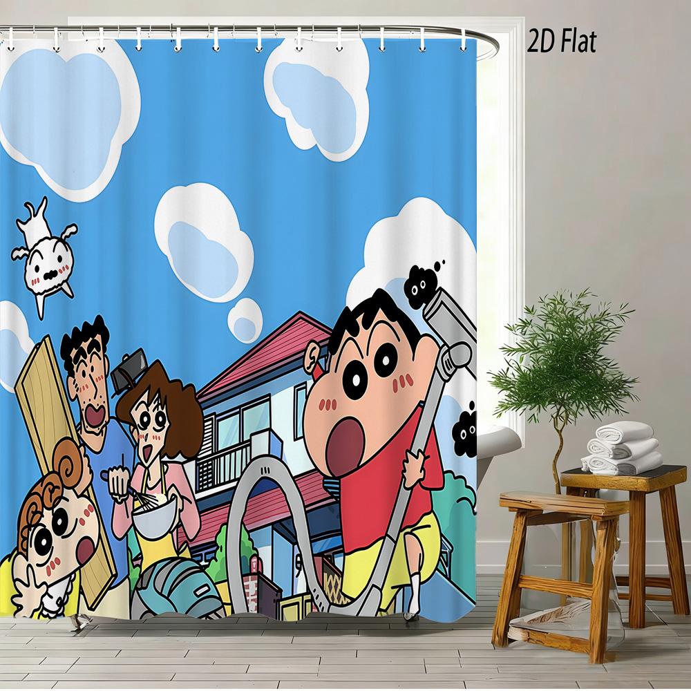 Crayon Shin-Chan Running & Cheering On Mountain Top 2D Print Waterproof Shower Curtain, Minimalist Blue Sky Bathroom Decor With