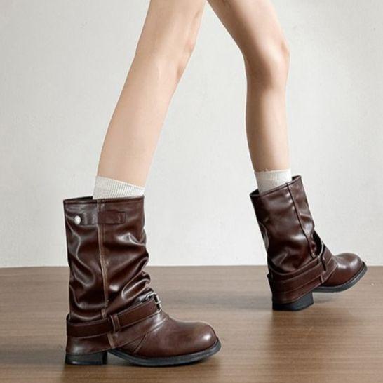 2025 autumn and winter new wasteland wind thick-soled knight boots heightened and wide large tube circumference stacking boots western short boots wom